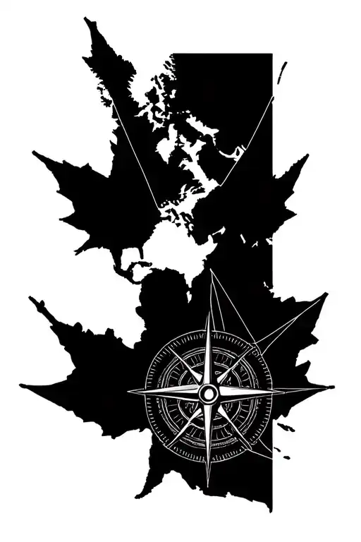 Geomtric Design For A Maple Leaf Incorporated Into A World Map And Compass