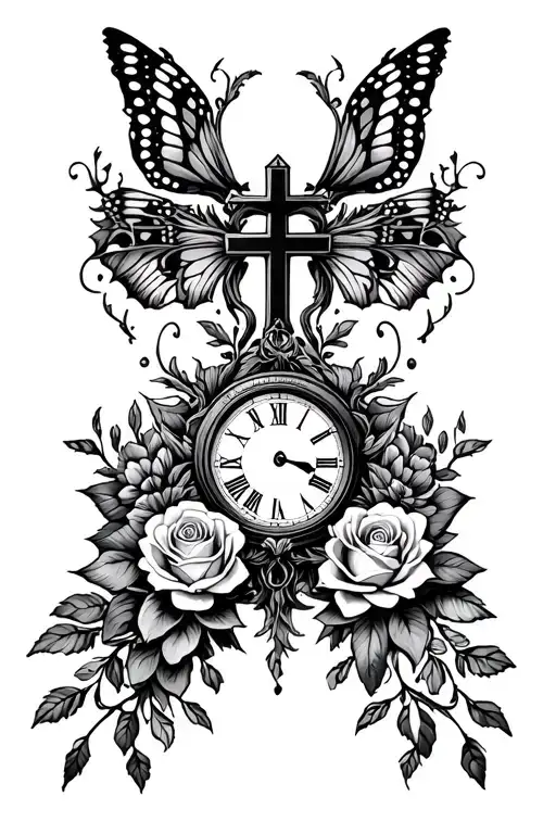 Do A Tattoo Design With A Cross And A Lot Of Roses Around It With A Clock And A Monarch On It