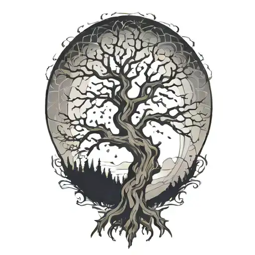 Moonrise Behind Silhouette Of A Gnarly Old Tree