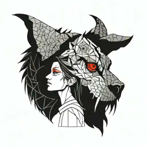 A Girl Soothing A Snarling Beast With Red Eyes