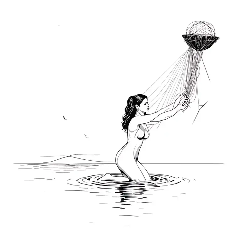 A Woman Threading Water Holding Onto A Load Of Strings Going Off In All Directions Some Are Broken