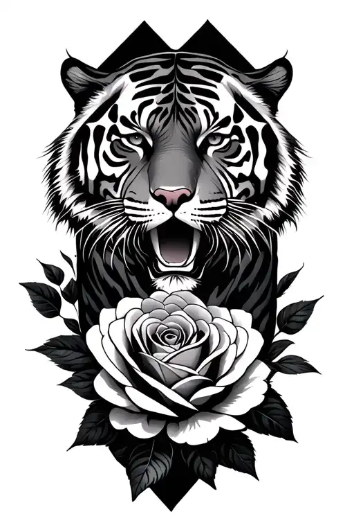 Tiger And Roses Growing Together