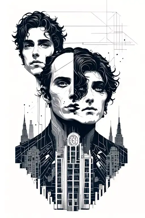 Gemini Two Face Guy Cybord With Engineering Buildings Background