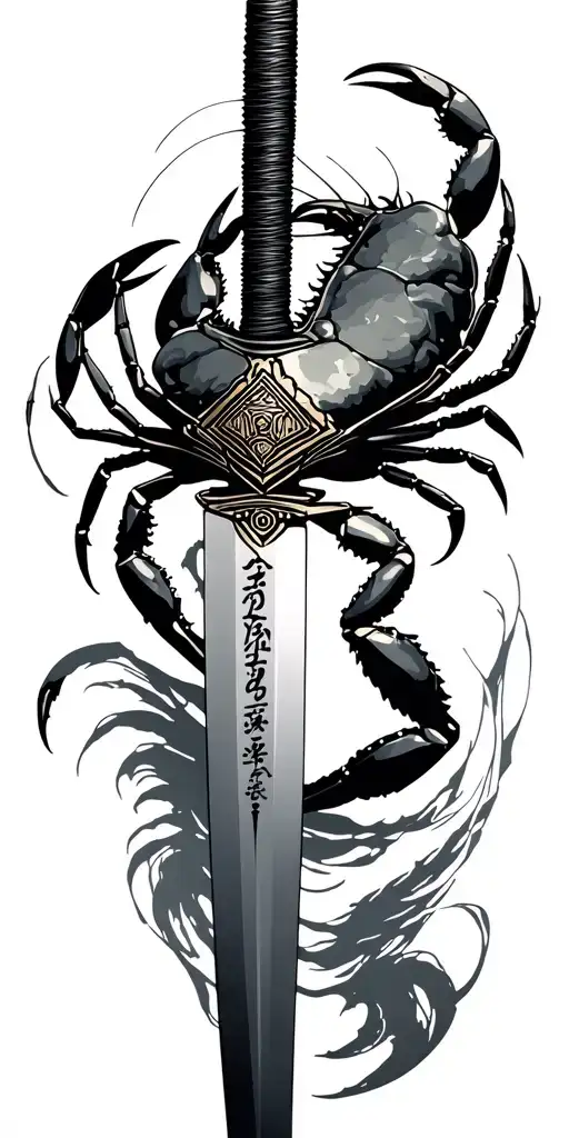 A Katana With An Engraving Of A Crab That Moves Along The Katana Blade