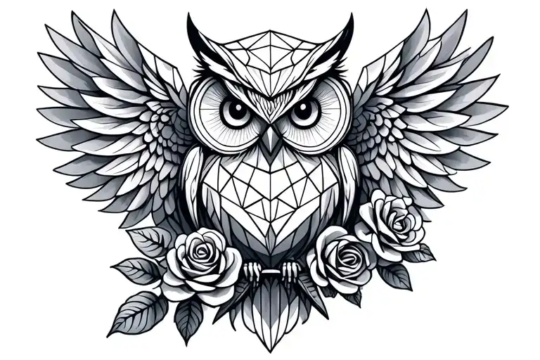 Geometric Owl With Wings And Roses