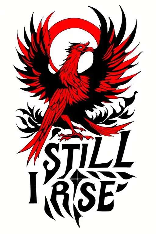 Red And Black Phoenix With A Tribal Philipino Sun And The Words Still I Rise