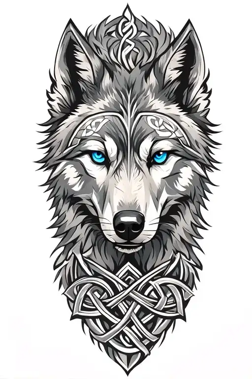 Wolf With Blue Eyes On Armor Tattoo Design Featuring Celtic Trinity Knot