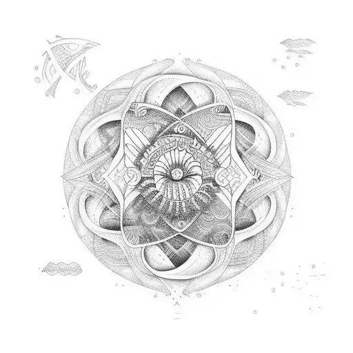 Traditional-style Tattoo Of A Beach Sunset With A Hidden Equation Incorporated Into The Waves