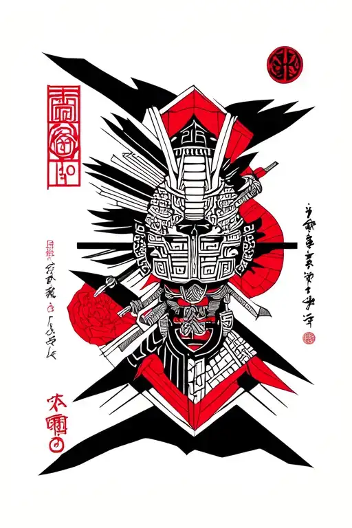 Japanese Culture With Samurai And Greek Culture With Geometry Colors In Black And Red