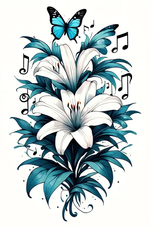 Lily Blossom With Butterflies And Music Notes