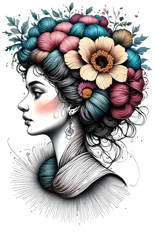 Female Face Side Profile With Yarn Exploding From Top Of Head Surrounded By Flowers