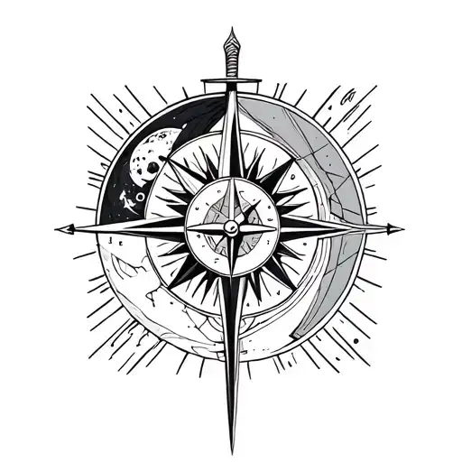 Sun And Moon With A Compass Using Shield And Sword