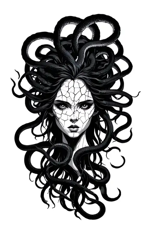 Medusa With Black Snakes For Hair Low On Top Of Her Head And A Cracked Face