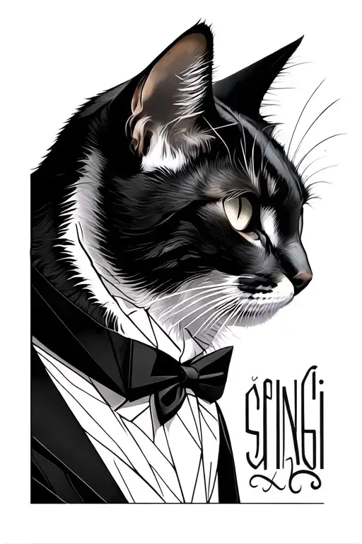 Create A Tatoo With Word Shingi With A Black And White Tuxedo Cat