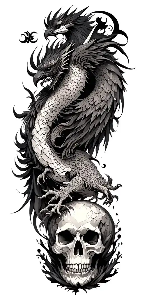 Chinese Dragon And Phoenix And Skull And Moon And Raven