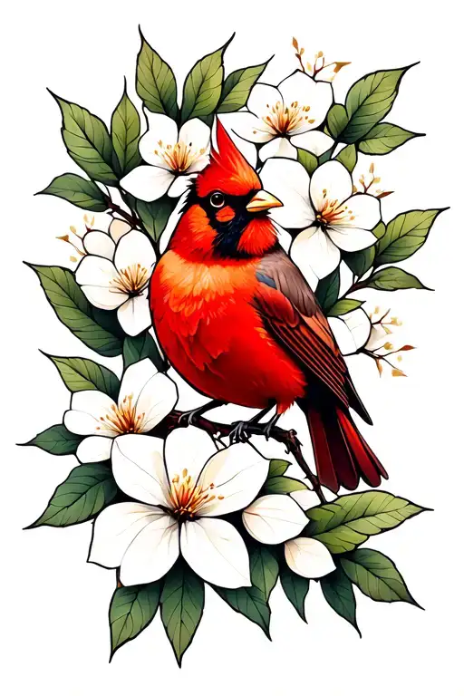 Cardinal On Dogwood Branch Flowers Intertwined