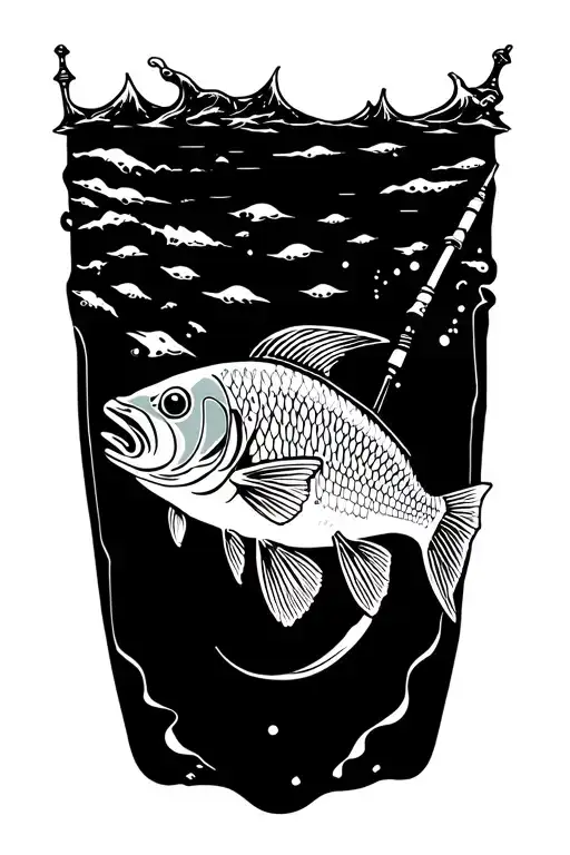 Sea Fishing Rod And Fish Swimming