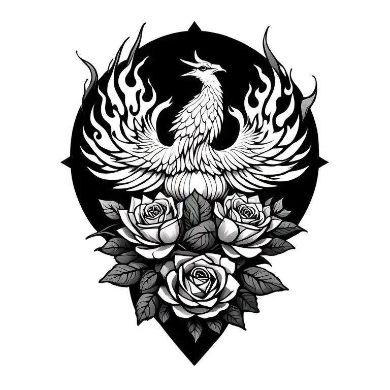 Phoenix Rising From A Lotus With Flames Behind It And Roses All Around