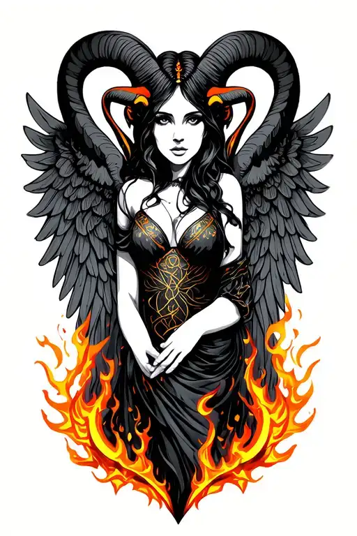 Aries Zodiac Sign Sexy Female Wings Surrounded By Fire