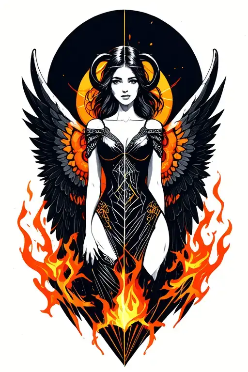Aries Zodiac Sign Sexy Female Wings Surrounded By Fire