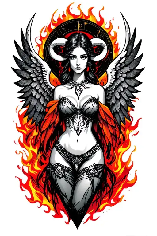 Aries Zodiac Sign Sexy Female Wings Surrounded By Fire