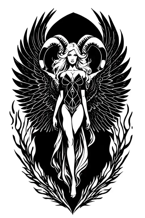Aries Zodiac Sign Sexy Female Wings Surrounded By Fire