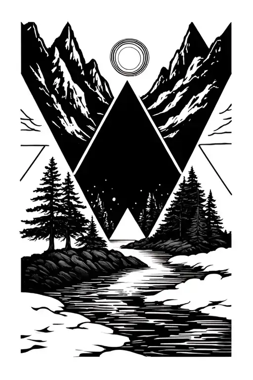 Inverted Triangles With Mountains Sun Trees River Flowing