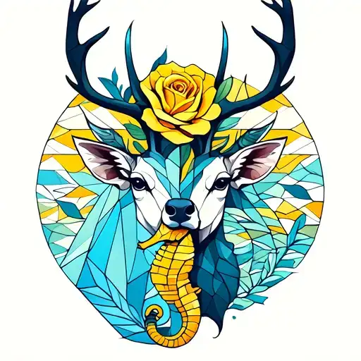 2 Stag Heads With An A Yellow Rose And A Seahorse