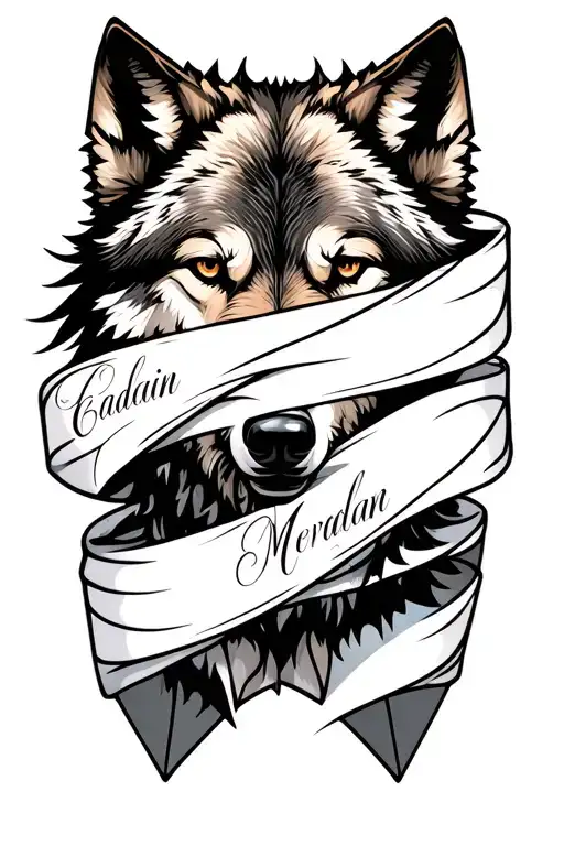 Wolf Gaurdian Names On A White Ribbon Wrapped