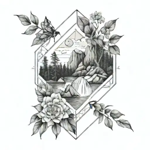 A Long Tattoo For My Inner Forearm With A Hexagon In The Middle Filled With Nature And A Waterfall