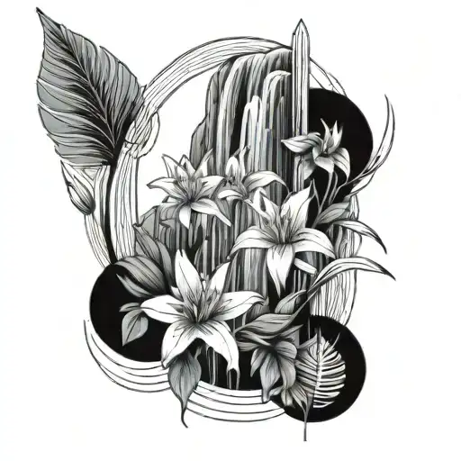 Long Tattoo With A Waterfall And Fingerprint And Lily