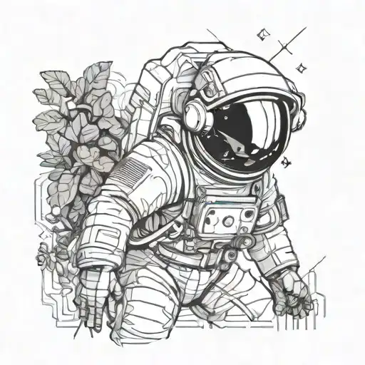 Astronaut Single Line With Scientific Illustration Plants In Background