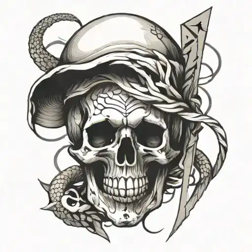 Skull With Snake Wraped Around A Knife Piercing
