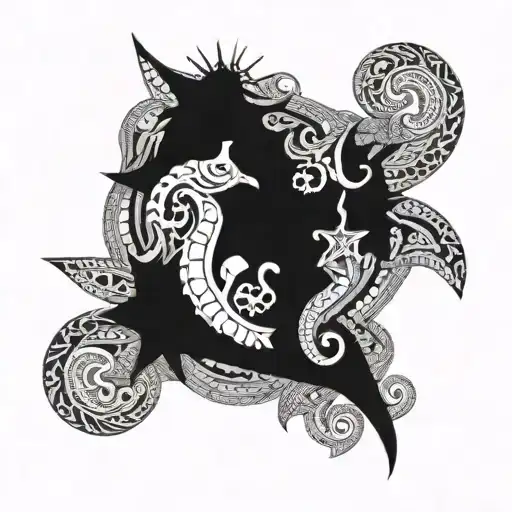 A Tattoo Of A Seahorse On A Background Of A Starfish Inside A Delicate Graphic Outline Circle