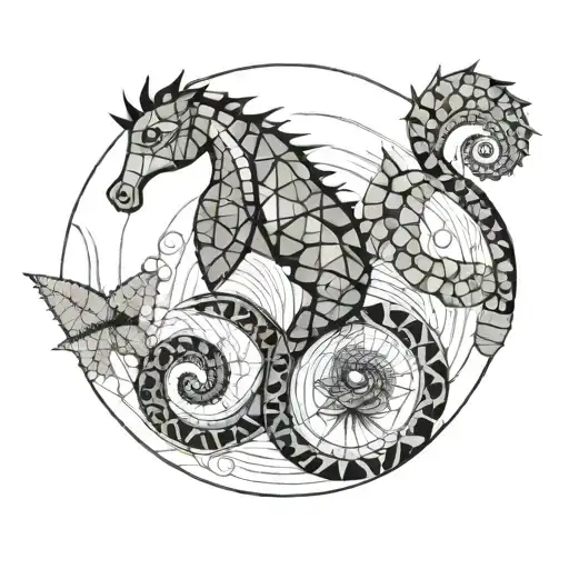 A Tattoo Of A Seahorse On A Background Of A Starfish Inside A Delicate Graphic Outline Circle
