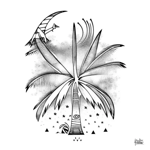 A Mystical Moonlit Beach With Palm Trees And A Surfer Catching A Wave In A Psichodelic State