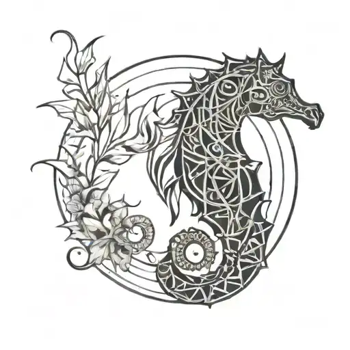 A Tattoo Of A Seahorse Inside A Delicate Graphic Outline Circle