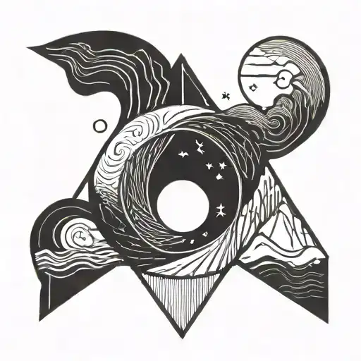 Karma Sign And Yin Yang With Mountain River Minimilistic Style