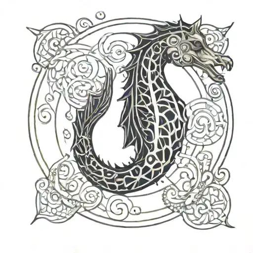 A Tattoo Of A Seahorse On A Background Of A Starfish Inside A Delicate Graphic Outline Circle