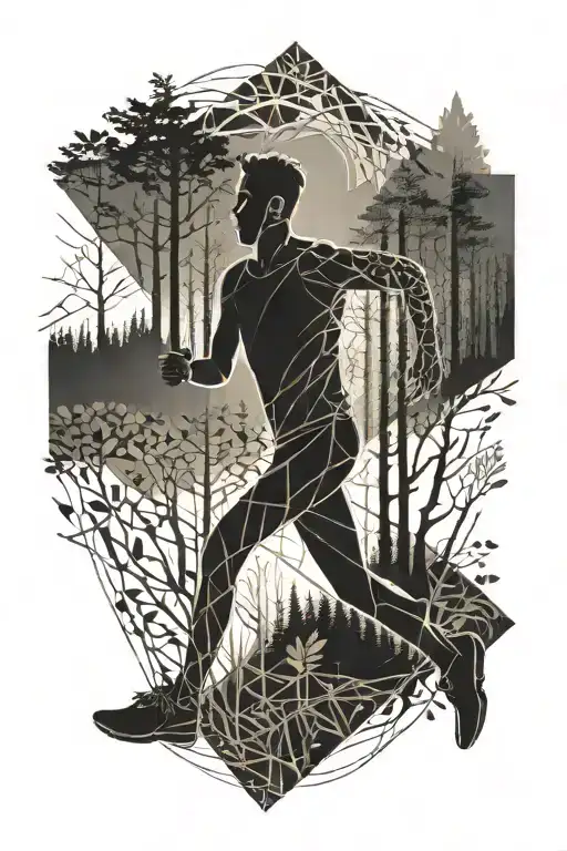 Man Running In The Woods With Sun Rising