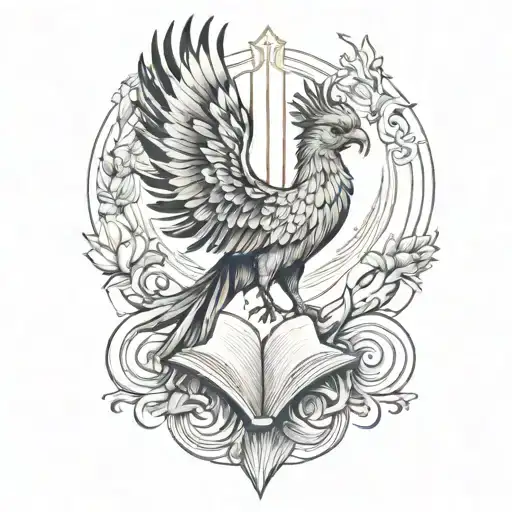 A Tattoo Design Featuring A Phoenix Reading A Book In A Serene Natural Setting