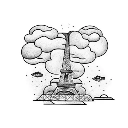 Eiffel Tower With A Plane Flying Through A Cloud In The Background