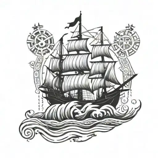 Pirate Ship With Waves And A Compass