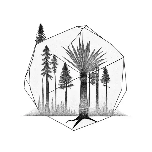 Redwood Tree And Upside-down Palm Tree Sharing Roots