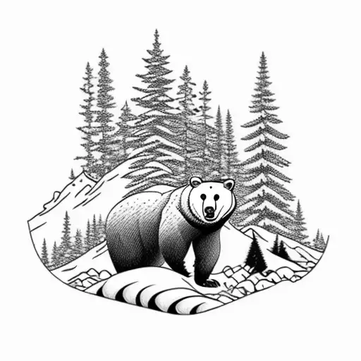 Quarter Sleeve Snow Covered Mountain Back Drop With Juniper Tree In Front With Bear In Landscape