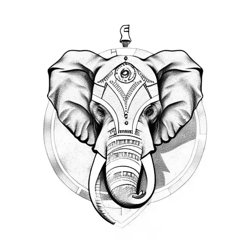 Angry Elephant Head With Compass Black Work