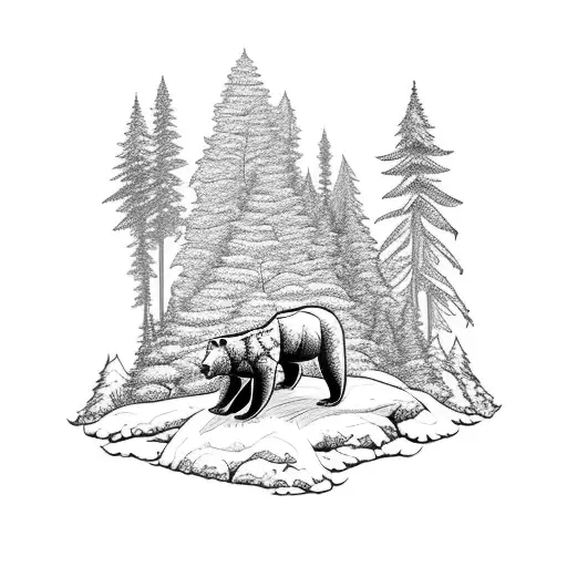 Snow Covered Mountain Back Drop With Juniper Tree In Front With Bear In Landscape