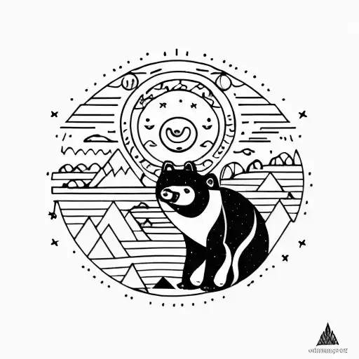 A Sun With A Small Black Bear Climbing A Mountain Inside