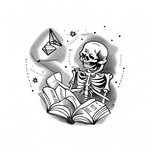 A Sketch-style Tattoo Of A Skeleton Reading A Book Under A Starry Sky