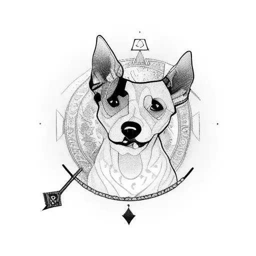 A Black And Grey Portrait Of A Dog Groomer Surrounded By Pagan Symbols And Tarot Cards